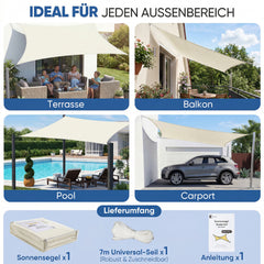 Sunula Sonnensegel wasserdicht ohne Mittelnaht – PES 160g/m², UV-Schutz 95% UPF50+, reißfest & wetterfest mit Lotus-Effekt, Rechteckig für Balkon, Terrasse & Garten (Creme)
