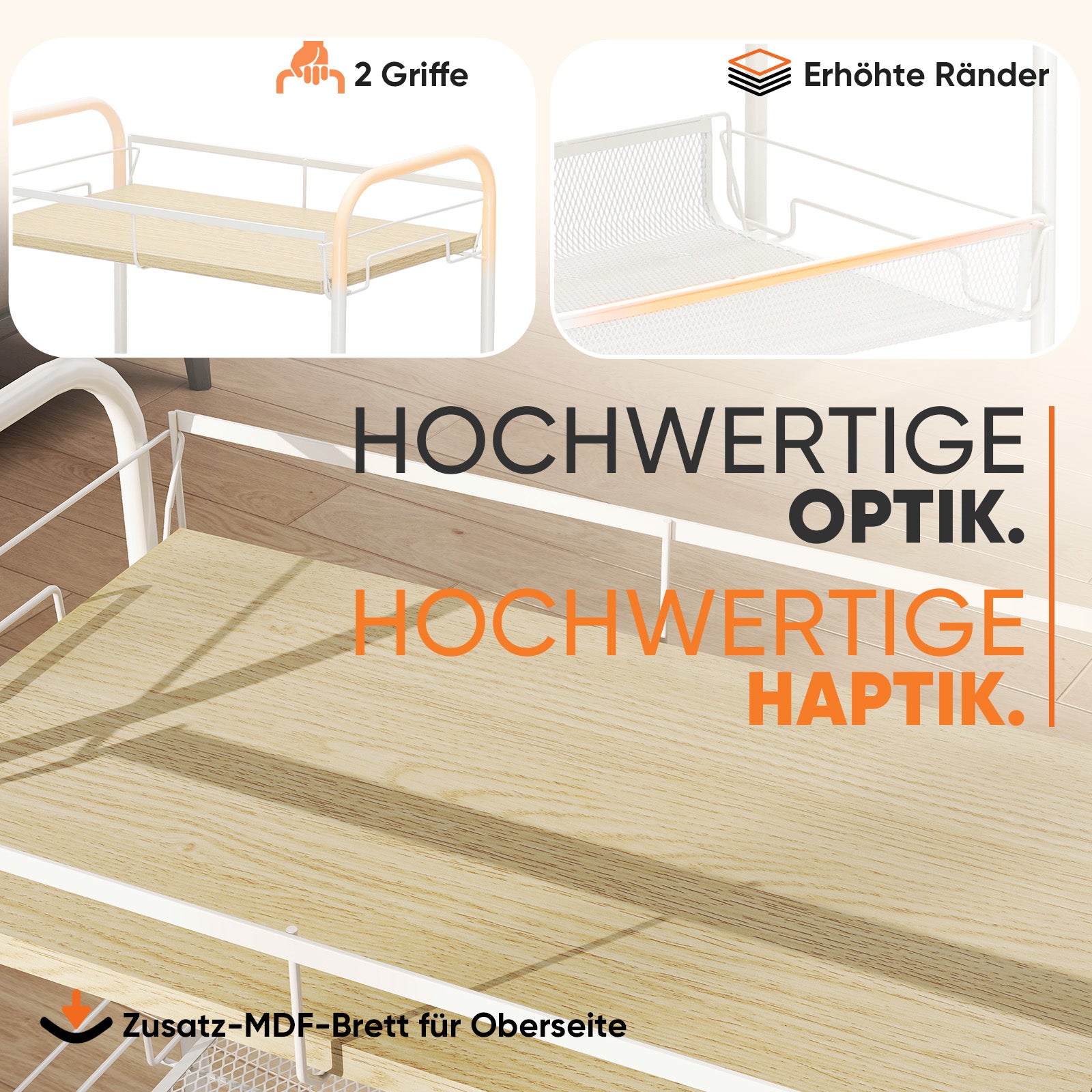 Sekey Rollwagen mit 4 Ebenen – Küchenwagen & Nischenregal mit MDF-Platte, Stahlrahmen, 360°-Rollen & Griff – Schmaler Servierwagen für Küche, Bad & Büro – Weiß