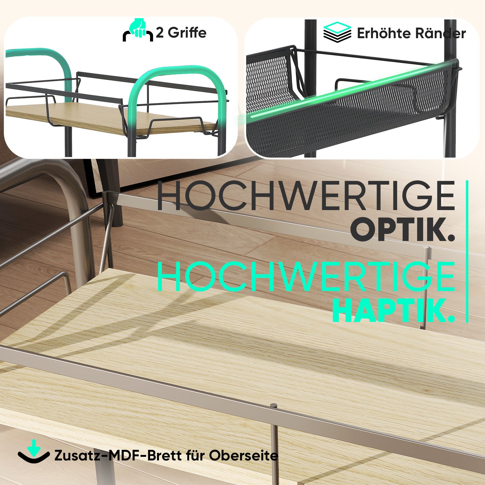 Sekey Rollwagen mit 4 Ebenen – Küchenwagen & Nischenregal auf Rollen, Stahl mit rostfester Lackierung & MDF-Oberplatte, 360°-Räder mit Griff, werkzeugloser Aufbau, platzsparender Aufbewahrungswagen für Küche, Bad & kleine Räume – Dunkelgrau