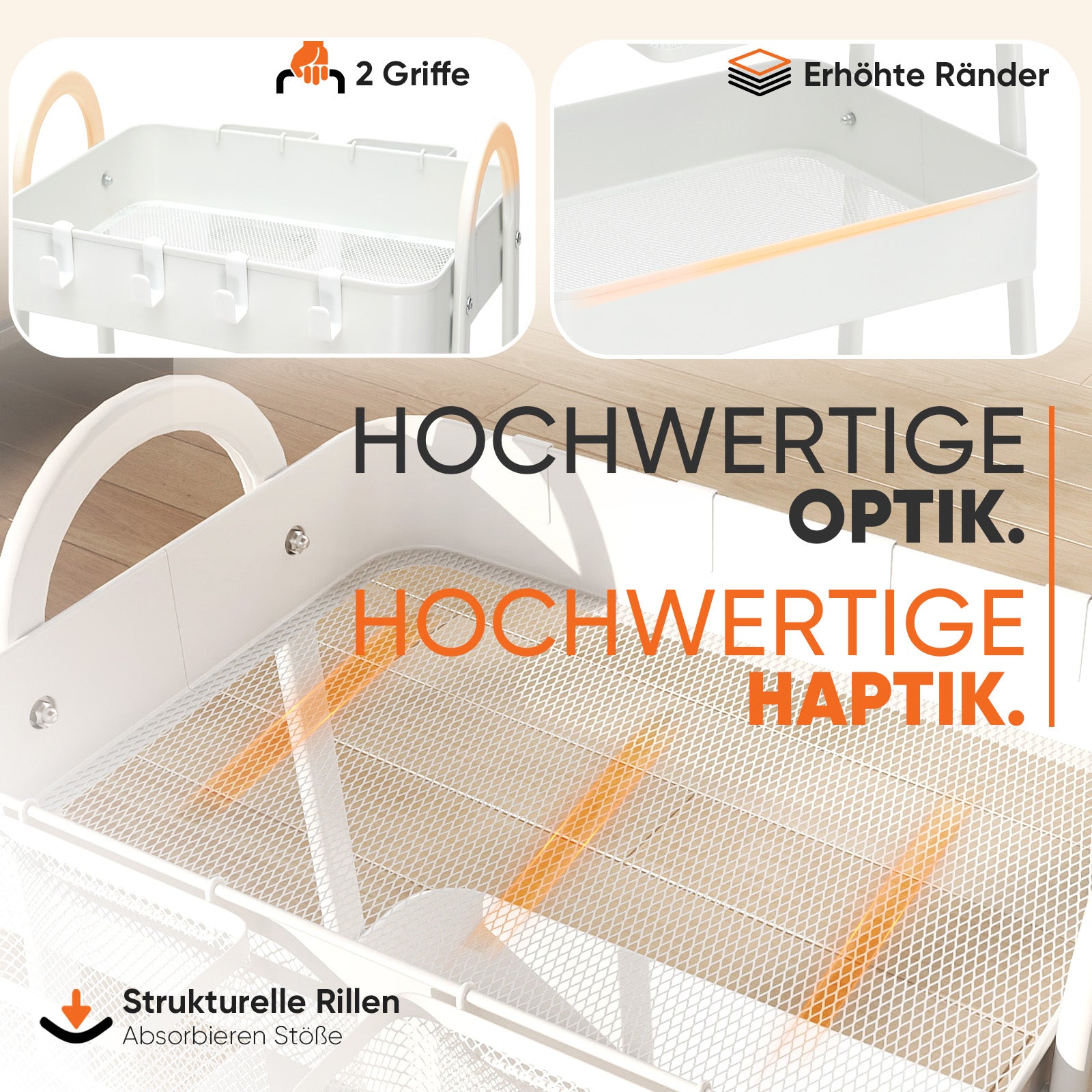 Sekey Rollwagen mit 3 Ebenen – Küchenwagen aus Stahl mit rostfester Lackierung, 2 Hängekörben & 4 Haken, 360°-Rollen mit Bremse, ergonomischem Griff, bis 30 kg belastbar, vielseitiger Servierwagen für Küche, Bad, Büro & mehr – Weiß