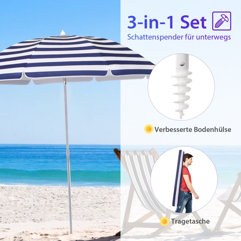 Sekey ∅ 180 cm Strandschirm mit Schutzhülle und Bodenhülse, Sonnenschutz UV50+