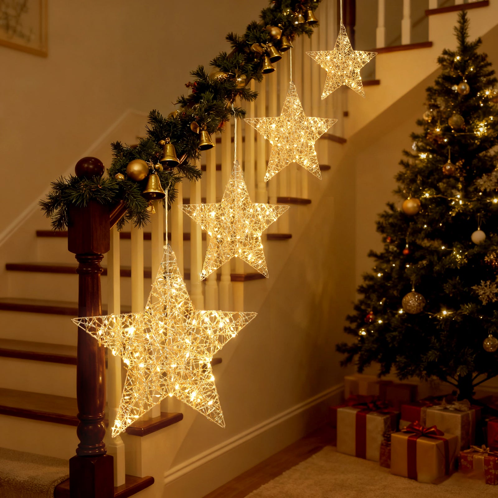 Salcar LED Stern Dekoleuchte Ø30 cm, Gold mit 80 LEDs, Batteriebetrieben, Timer & 8 Modi – Warmweiße Fenster- & Weihnachtsdeko