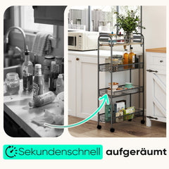 Sekey Rollwagen mit 4 Ebenen – Küchenwagen & Nischenregal auf Rollen, Stahl mit rostfester Lackierung & MDF-Oberplatte, 360°-Räder mit Griff, werkzeugloser Aufbau, platzsparender Aufbewahrungswagen für Küche, Bad & kleine Räume – Dunkelgrau Sekey