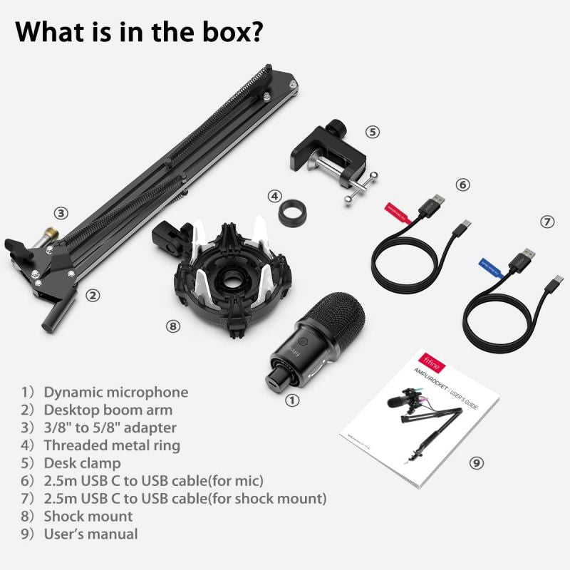 FIFINE USB Dynamisches Mikrofon mit Arm, Stummschalttaste und Shock Mount