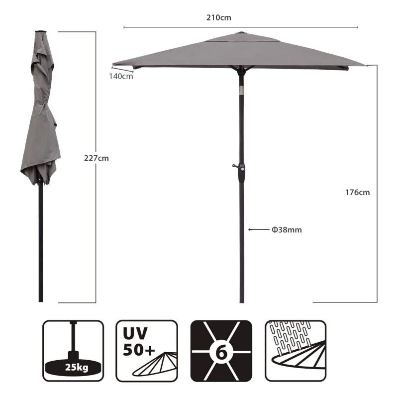 Sekey 210 x 140 cm aluminum parasol with crank, sun protection UV50+