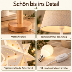Salcar LED Paper Star with Wooden Base – Illuminated Christmas Star with 2 Lampshades, Warm White Light, Foldable &amp; Replaceable E14 Bulb