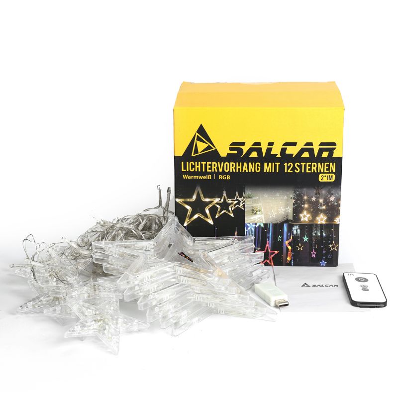 Salcar 2 x 1 m LED Lichtervorhang mit 12 Sternen, 138 LEDs, USB-betrieben