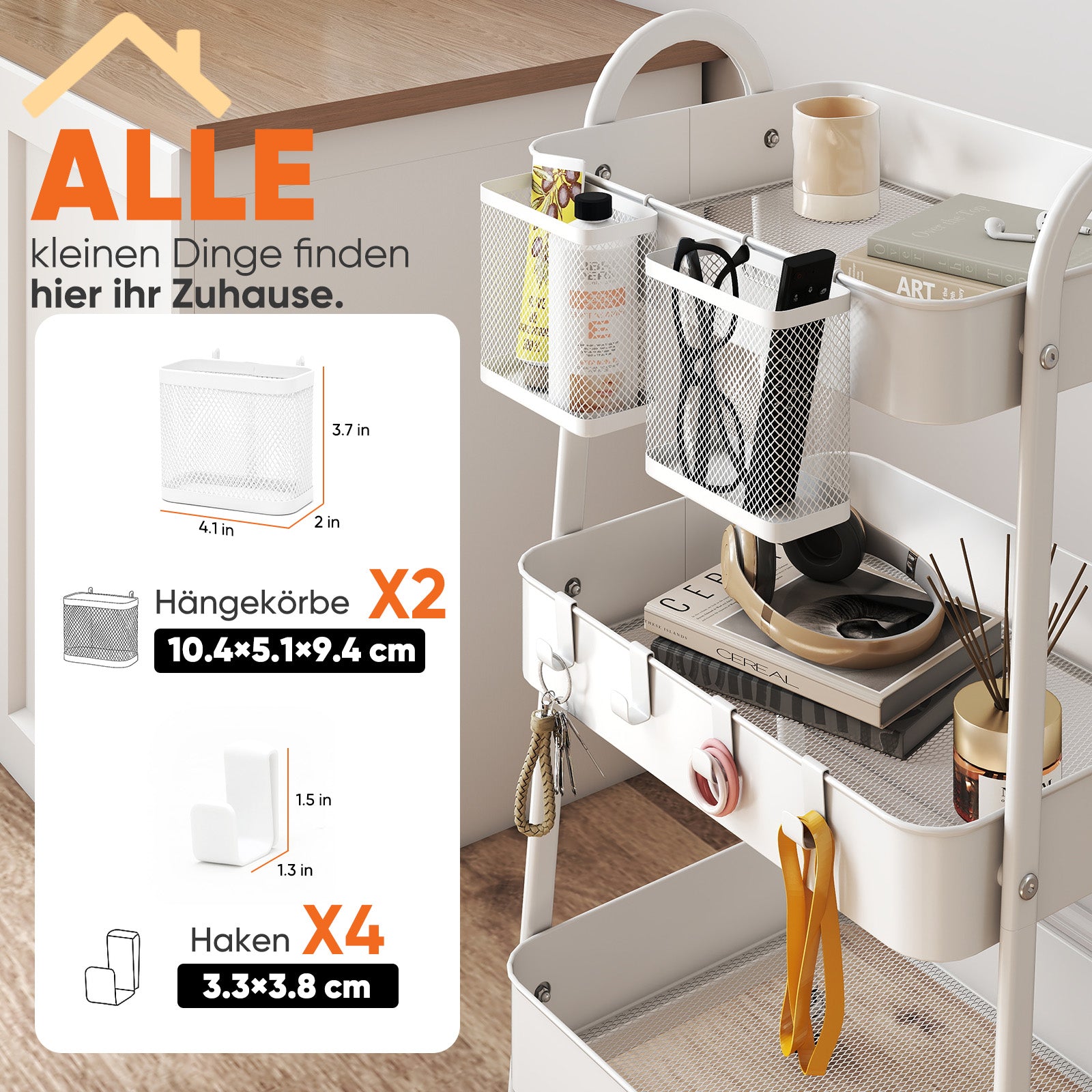 Sekey Rollwagen mit 3 Ebenen – Küchenwagen aus Stahl mit rostfester Lackierung, 2 Hängekörben & 4 Haken, 360°-Rollen mit Bremse, ergonomischem Griff, bis 30 kg belastbar, vielseitiger Servierwagen für Küche, Bad, Büro & mehr – Weiß
