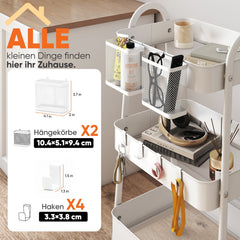 Sekey Rollwagen mit 3 Ebenen – Küchenwagen aus Stahl mit rostfester Lackierung, 2 Hängekörben & 4 Haken, 360°-Rollen mit Bremse, ergonomischem Griff, bis 30 kg belastbar, vielseitiger Servierwagen für Küche, Bad, Büro & mehr – Weiß Sekey