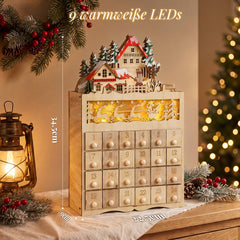 Salcar LED Weihnachtsdorf Adventskalender aus Holz – 24 Fächer zum Befüllen