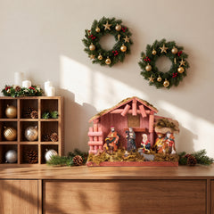 Salcar Weihnachtskrippe aus Holz mit Figuren – 20 LEDs, Batteriebetrieben, 23,5 cm Weihnachtsdeko