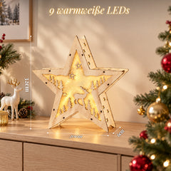 Salcar LED Weihnachtsstern aus Holz – 30 cm, 10 LEDs, Warmweiß, Glitzereffekt, Batteriebetrieb