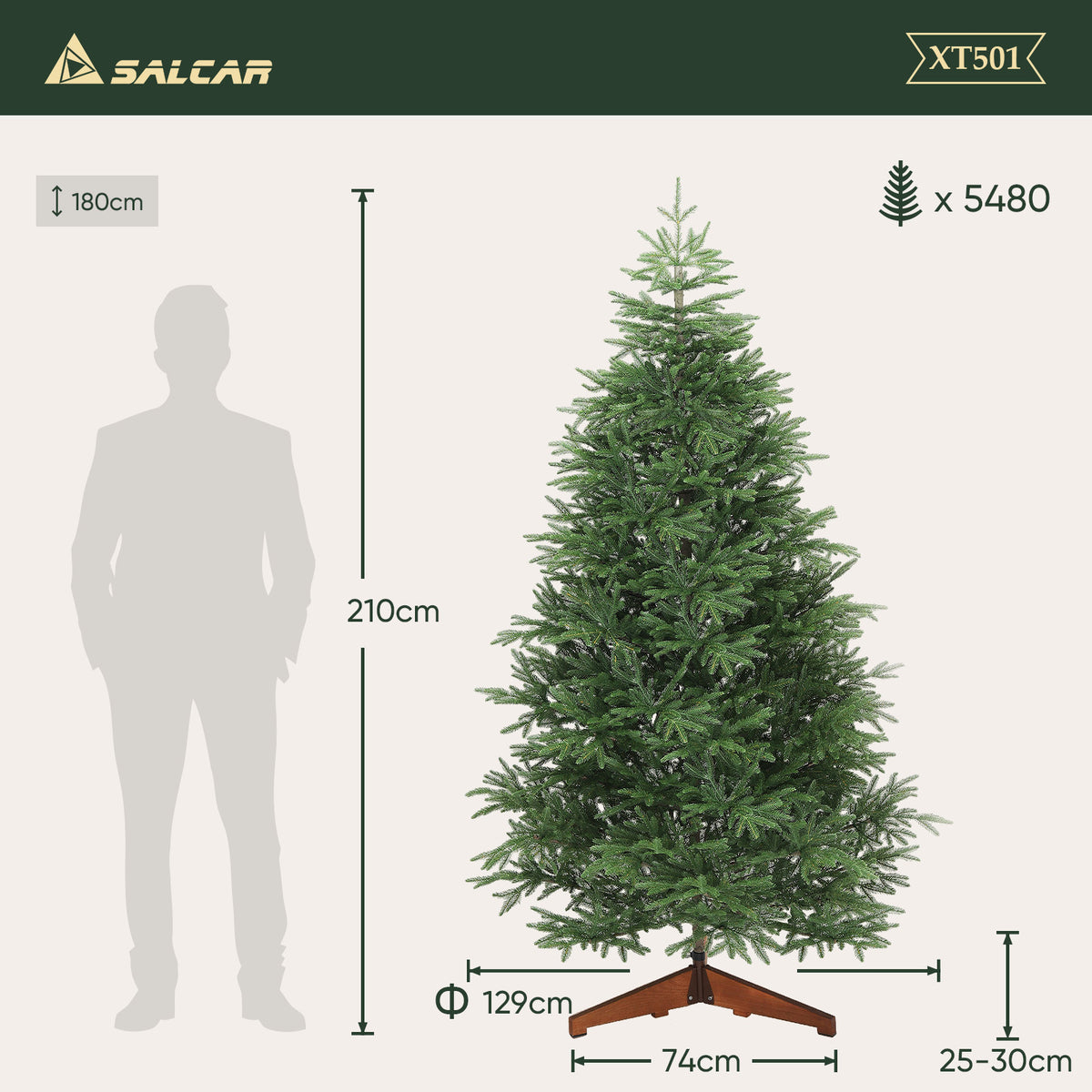 SALCAR Premium Artificial Christmas Tree made of 100% PE injection molding – Realistic spruce tree with lifelike trunk, stable wooden stand and storage bag – 180 cm / 210 cm