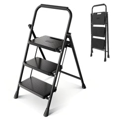 Sekey Klappbare Trittleiter 2/3/4 Stufen – Stahlrahmen, rutschfeste Trittflächen, TÜV & SGS geprüft, bis 150 kg belastbar, Schwarz