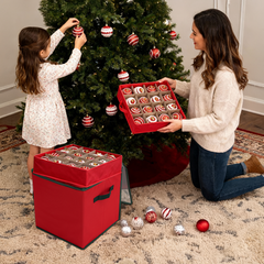 Salcar Aufbewahrungsbox für 64 Weihnachtskugeln – 4 Ebenen, Verstellbare Trennwände, Rote Faltbox 33×33×34 cm mit Sichtfenster