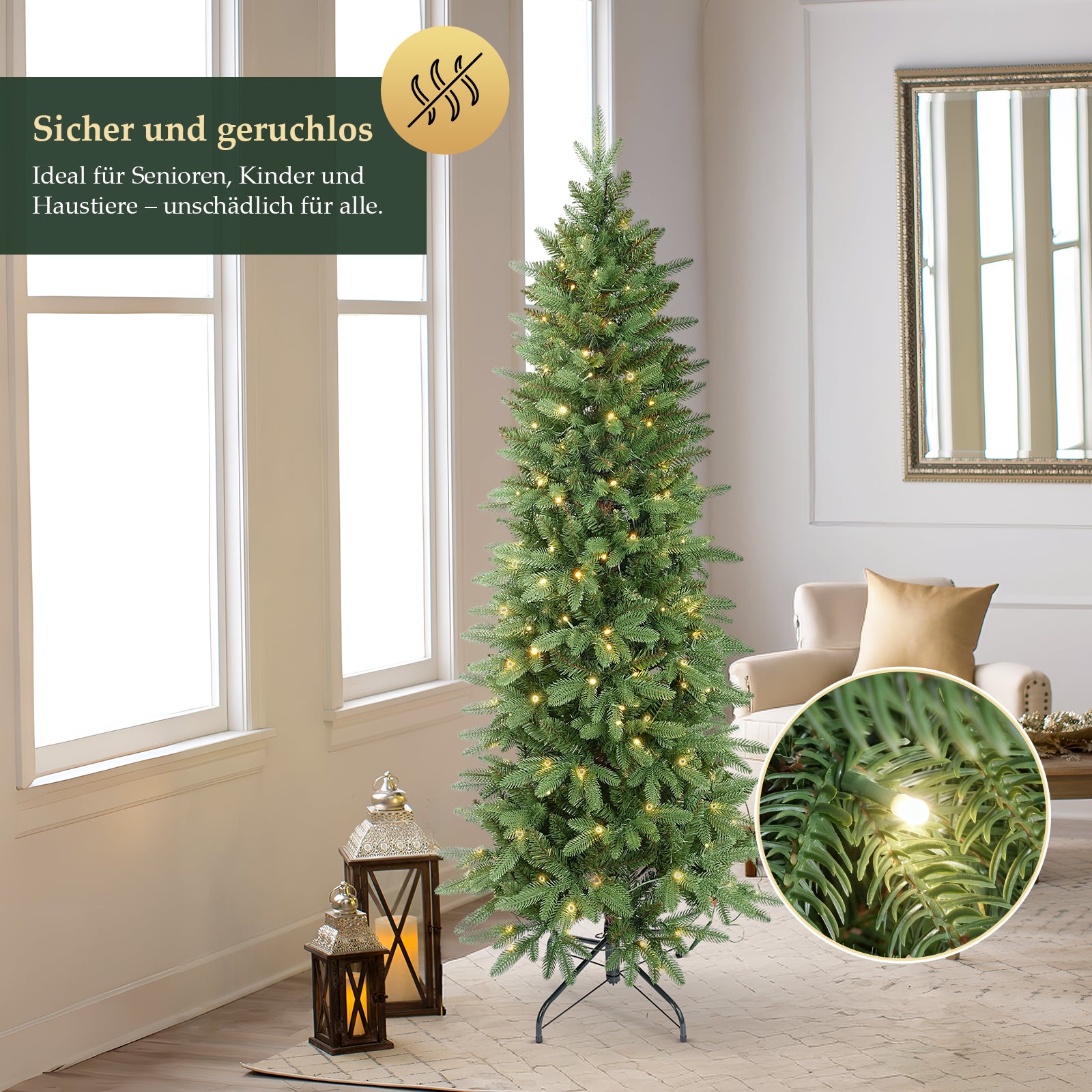 SALCAR Schmaler Kunst-Weihnachtsbaum 180 cm – Realistischer Pencil Christbaum mit warmweißen LEDs, grüner Tannenbaum aus PE & PVC