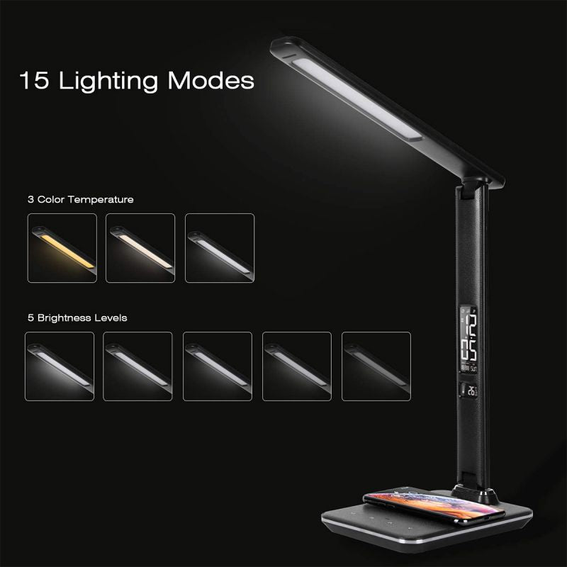 WILIT U13AQ 18W LED desk lamp, with 5 brightness levels/3 color temperatures, with 5W charging function and 10W USB charging function, with alarm clock