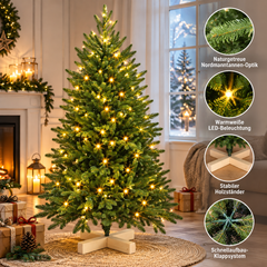 Salcar Künstlicher Weihnachtsbaum mit LED-Beleuchtung und Echtholzfuß – 120 bis 210 cm