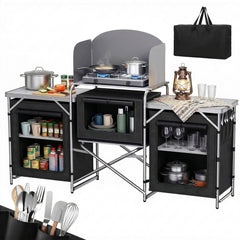 Sekey XXL Campingtisch & Campingschrank Faltbar – Campingküche mit Aluminiumgestell, Windschutz, Arbeitsfläche & 5 Staufächern, Tragbar und Zusammenklappbar