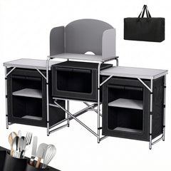 Sekey XXL Campingtisch & Campingschrank Faltbar – Campingküche mit Aluminiumgestell, Windschutz, Arbeitsfläche & 5 Staufächern, Tragbar und Zusammenklappbar