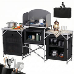 Sekey XXL Campingtisch & Campingschrank Faltbar – Campingküche mit Aluminiumgestell, Windschutz, Arbeitsfläche & 5 Staufächern, Tragbar und Zusammenklappbar