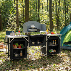 Sekey XXL Campingtisch & Campingschrank Faltbar – Campingküche mit Aluminiumgestell, Windschutz, Arbeitsfläche & 5 Staufächern, Tragbar und Zusammenklappbar