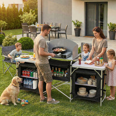 Sekey XXL Campingtisch & Campingschrank Faltbar – Campingküche mit Aluminiumgestell, Windschutz, Arbeitsfläche & 5 Staufächern, Tragbar und Zusammenklappbar