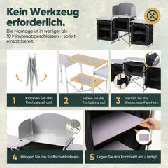 Sekey XXL Campingtisch & Campingschrank Faltbar – Campingküche mit Aluminiumgestell, Windschutz, Arbeitsfläche & 5 Staufächern, Tragbar und Zusammenklappbar