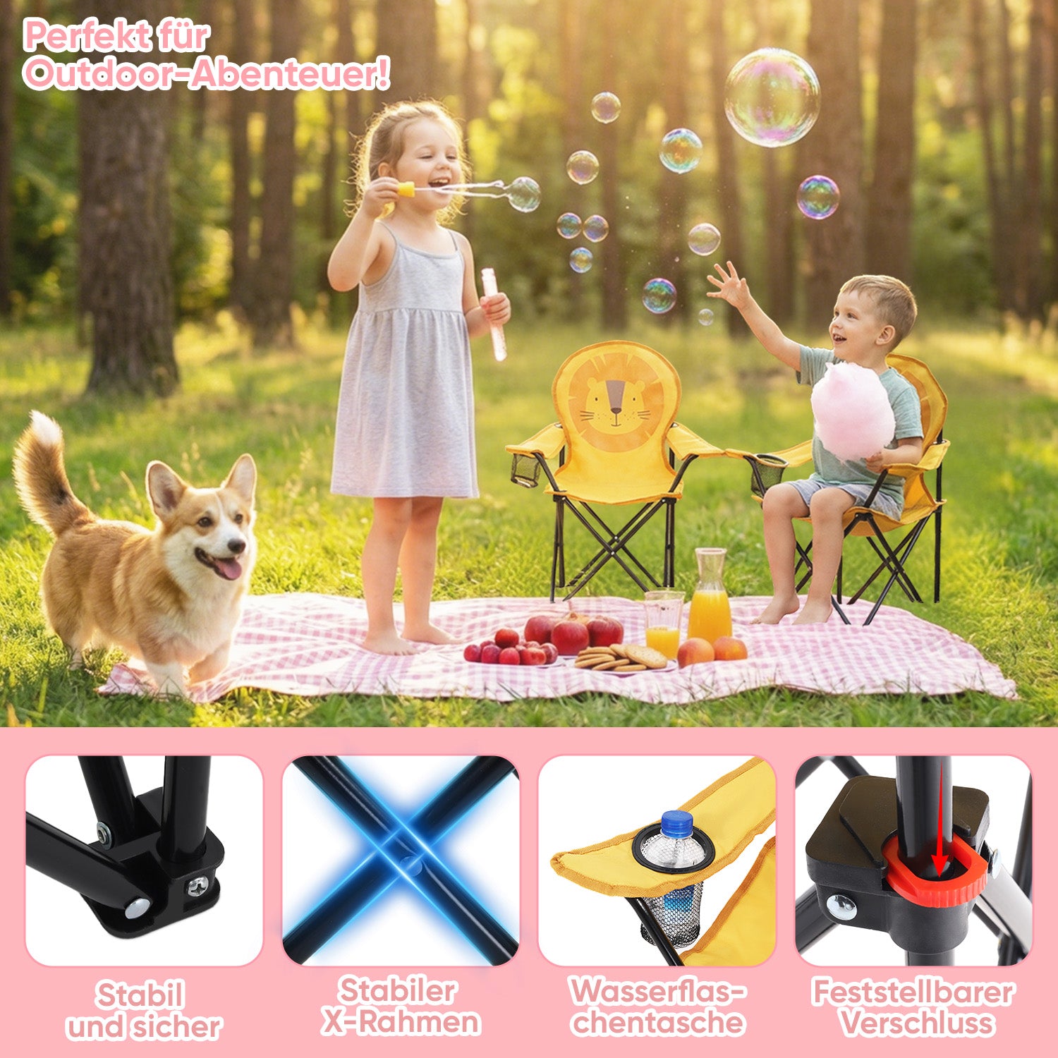 Sunula Kinder Klappstuhl Outdoor – Campingstuhl mit Löwe-Motiv Gelb & – sekeymall