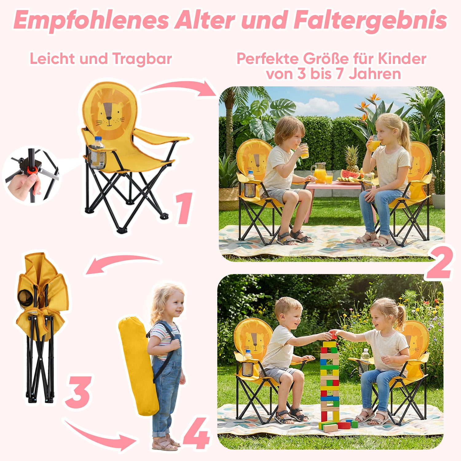 Sunula Kinder Klappstuhl Outdoor – Campingstuhl mit Löwe-Motiv Gelb & – sekeymall