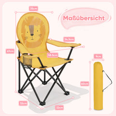 Sunula Kinder Klappstuhl Outdoor – Campingstuhl mit Löwe-Motiv Gelb & Getränkehalter, leicht & faltbar für Garten, Picknick & Camping