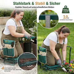Sekey Height-Adjustable Kneeling Bench for Gardening, Load Capacity 160KG/180KG, Foldable Garden Stool with Tool Pockets, Knee Comfort for Gardening, Green