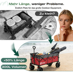 Sekey 300L / 150KG Faltbarer Bollerwagen, Patentiert Zusammenfaltbar aus Vier Richtungen, mit Bremsen und Extra Breiten Rädern