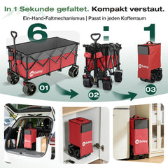 Sekey 300L / 150KG Faltbarer Bollerwagen, Patentiert Zusammenfaltbar aus Vier Richtungen, mit Bremsen und Extra Breiten Rädern