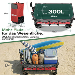 Sekey 300L / 150KG Faltbarer Bollerwagen, Patentiert Zusammenfaltbar aus Vier Richtungen, mit Bremsen und Extra Breiten Rädern