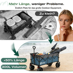 Sekey 300L / 150KG Faltbarer Bollerwagen, Patentiert Zusammenfaltbar aus Vier Richtungen, mit Bremsen und Extra Breiten Rädern