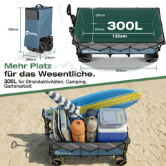 Sekey 300L / 150KG Faltbarer Bollerwagen, Patentiert Zusammenfaltbar aus Vier Richtungen, mit Bremsen und Extra Breiten Rädern