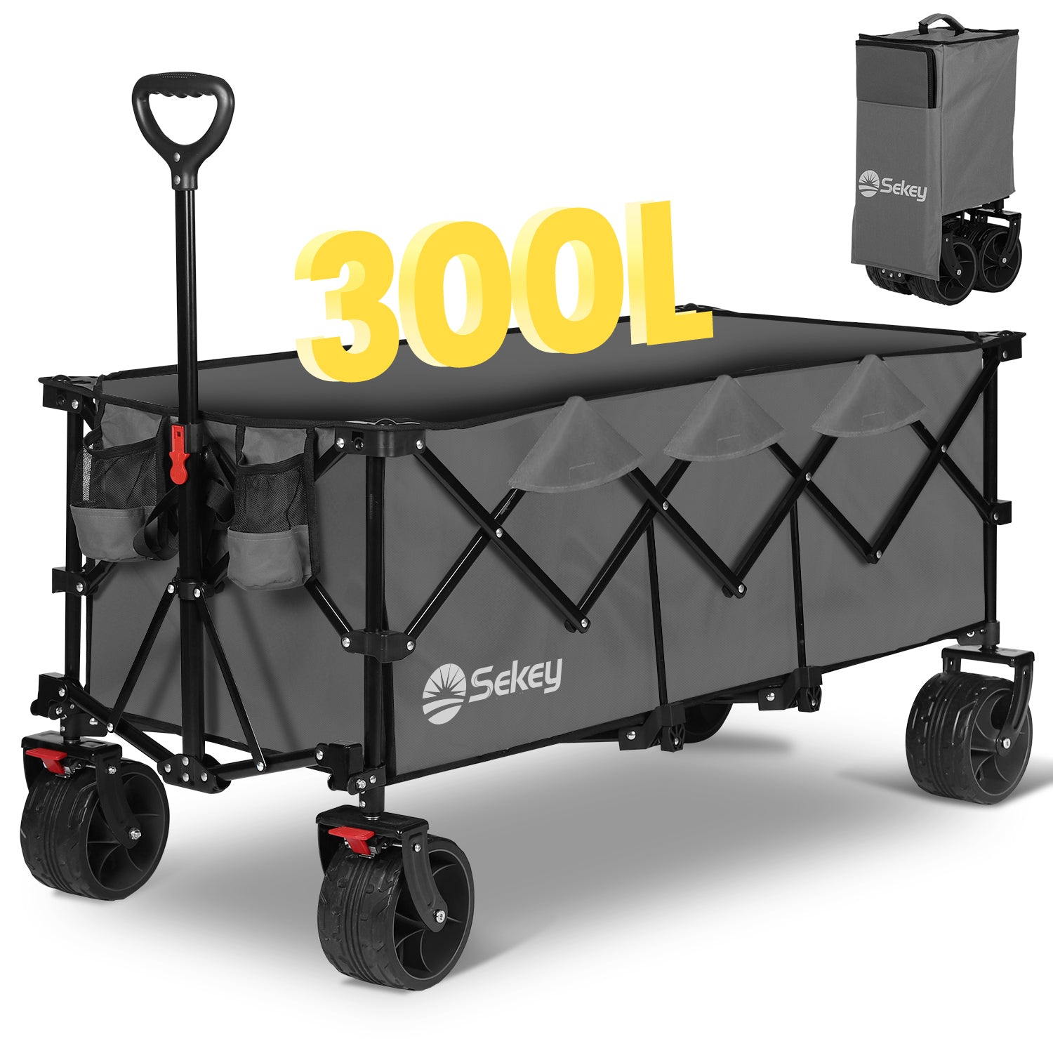 Sekey 300L / 150KG Faltbarer Bollerwagen, Patentiert Zusammenfaltbar aus Vier Richtungen, mit Bremsen und Extra Breiten Rädern