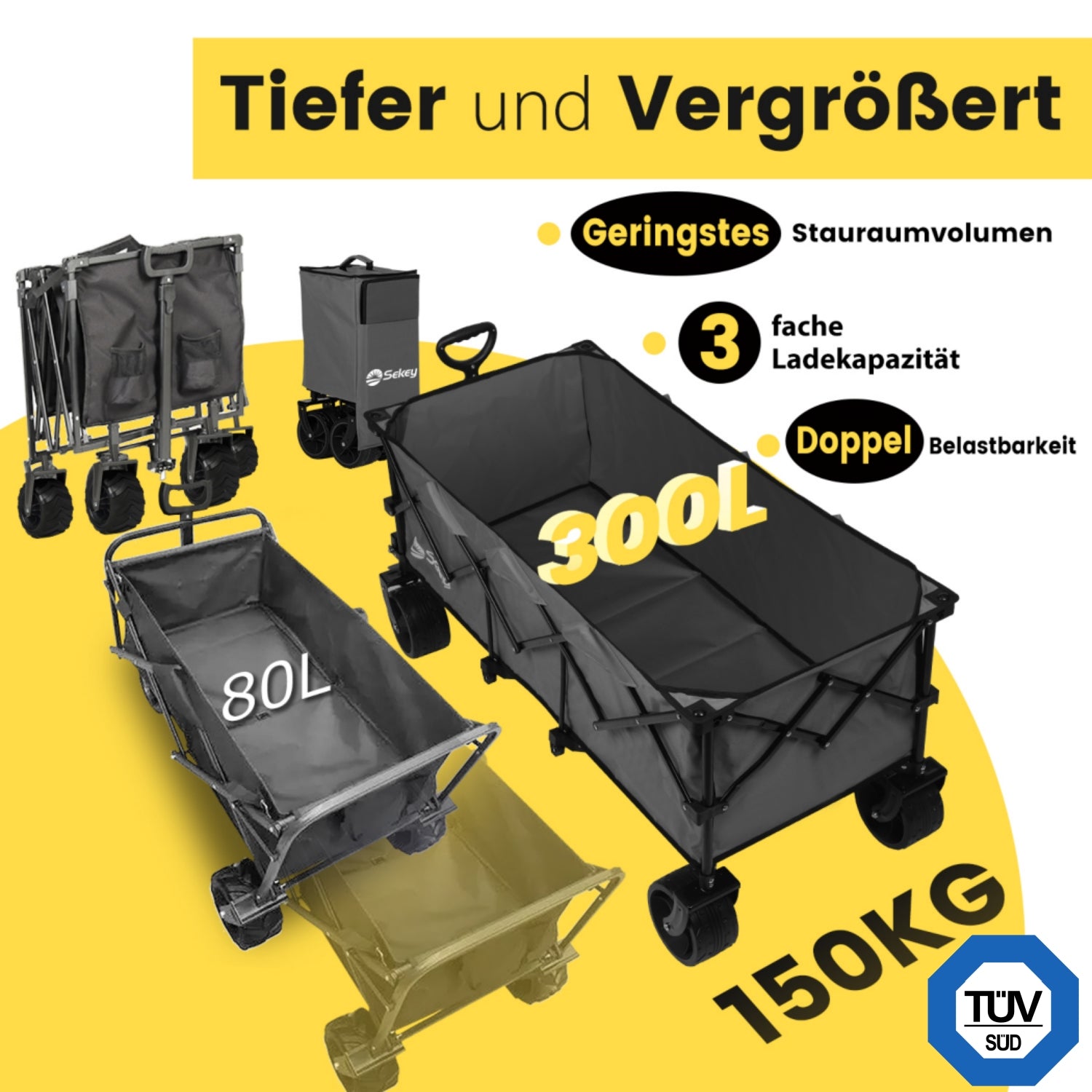 Sekey 300L / 150KG Faltbarer Bollerwagen, Patentiert Zusammenfaltbar aus Vier Richtungen, mit Bremsen und Extra Breiten Rädern