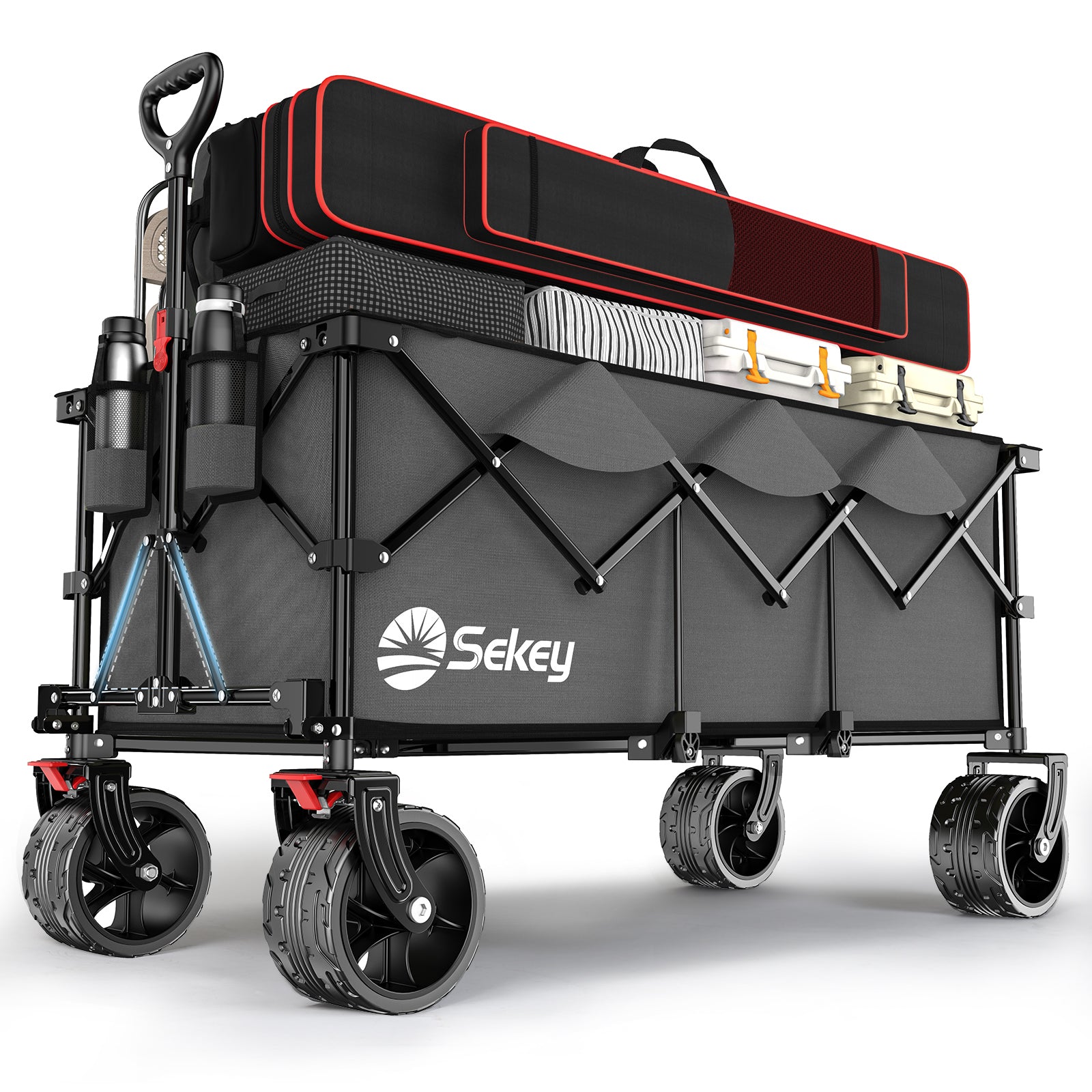 Sekey 300L / 150KG Faltbarer Bollerwagen, Patentiert Zusammenfaltbar aus Vier Richtungen, mit Bremsen und Extra Breiten Rädern