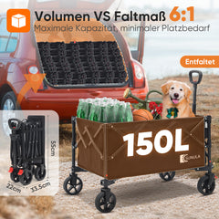 SUNULA Foldable Wagon 120 kg – 150L Handcart with Off-Road Wheels, Brakes &amp; One-Hand Handle