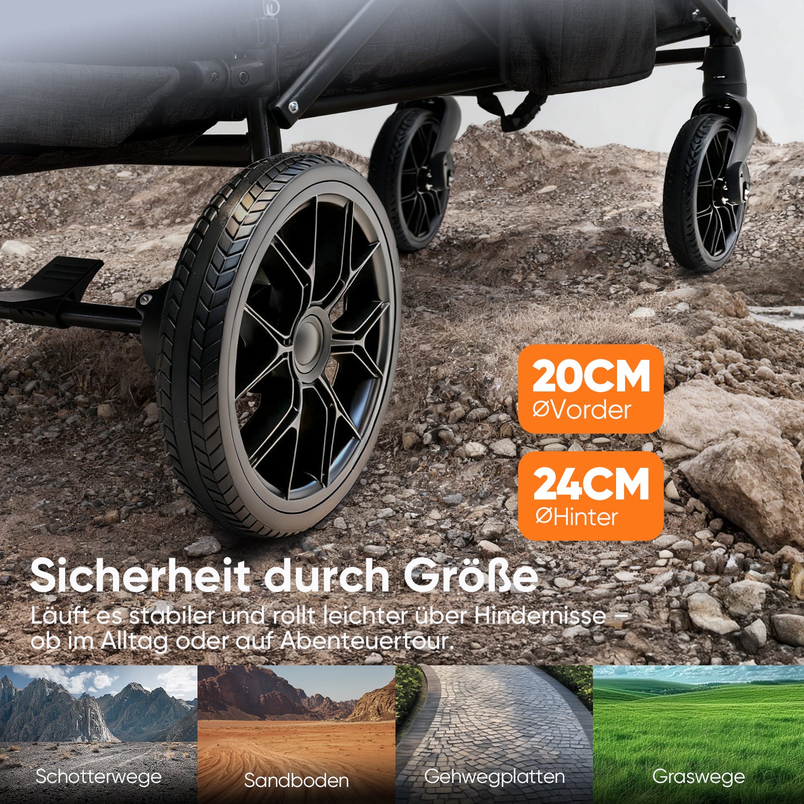 Sekey Bollerwagen Faltbar mit Dach für 1–2 Kinder, XXL PU-Räder mit Federung & Kugellager, Gepolstert & Komfortabel, Schiebe- und Ziehgriff, SS8080