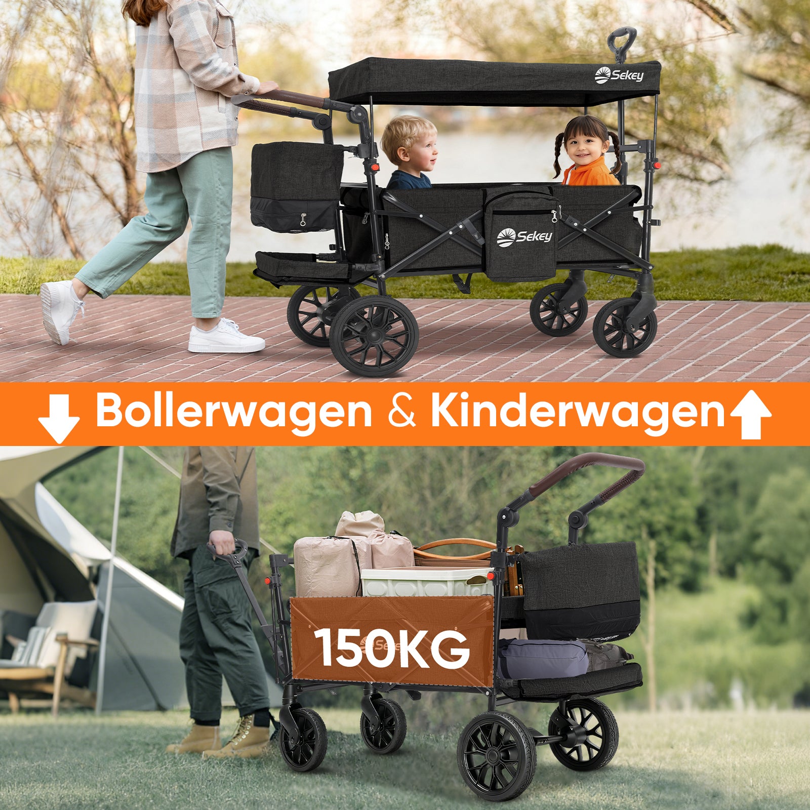 Sekey Bollerwagen Faltbar mit Dach für 1–2 Kinder, XXL PU-Räder mit Federung & Kugellager, Gepolstert & Komfortabel, Schiebe- und Ziehgriff, SS8080