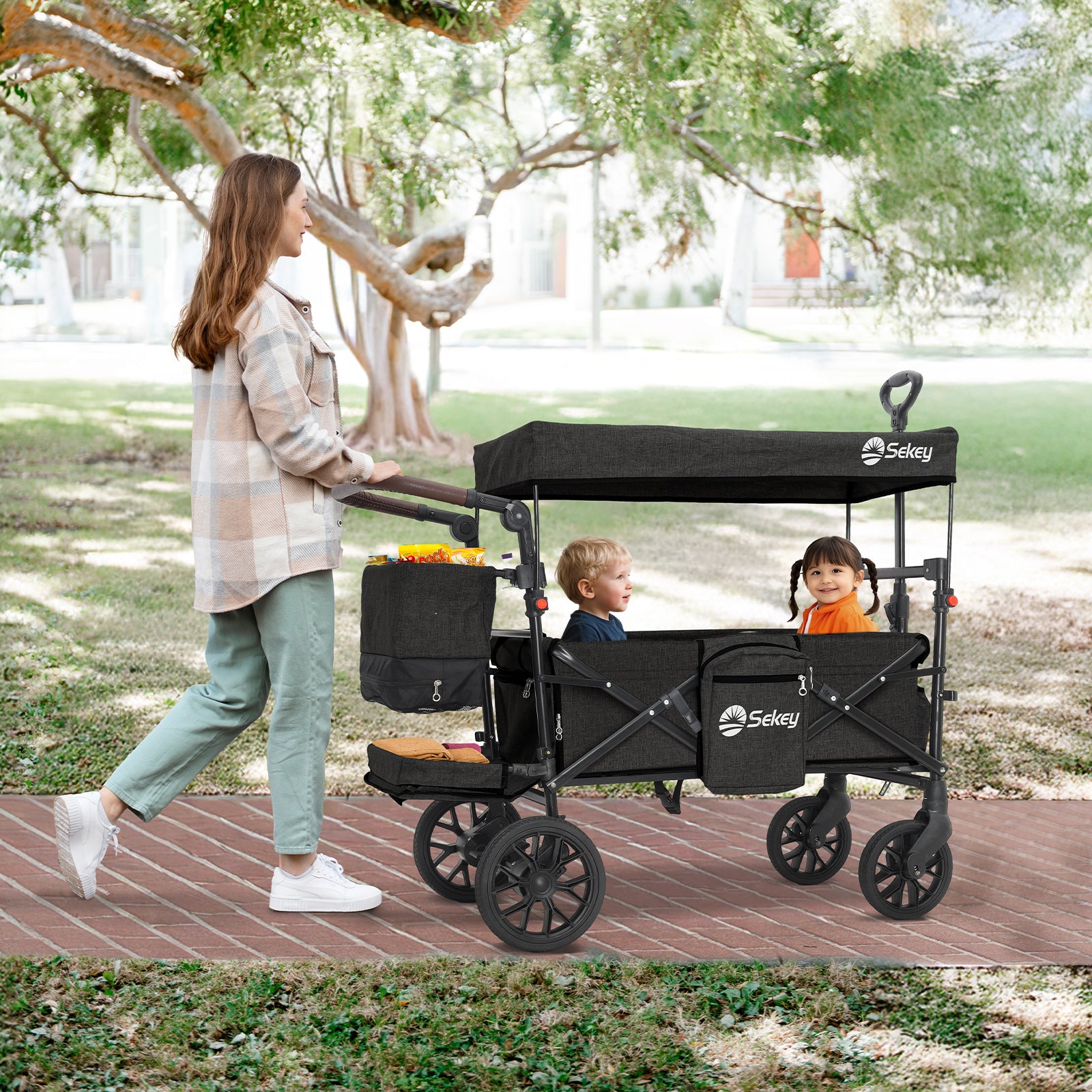 Sekey Bollerwagen Faltbar mit Dach für 1–2 Kinder, XXL PU-Räder mit Federung & Kugellager, Gepolstert & Komfortabel, Schiebe- und Ziehgriff, SS8080