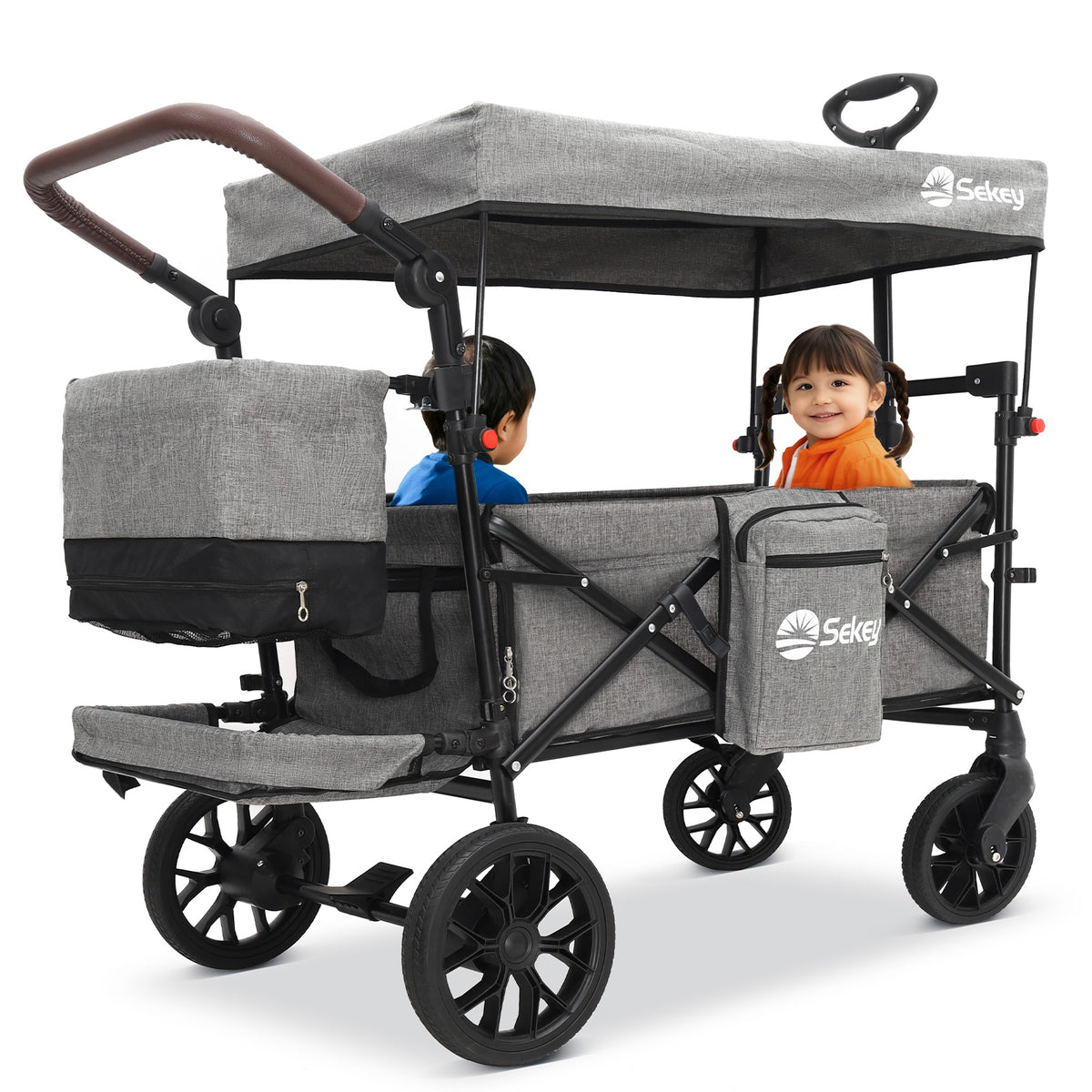 Sekey Bollerwagen Faltbar mit Dach für 1–2 Kinder, XXL PU-Räder mit Federung & Kugellager, Gepolstert & Komfortabel, Schiebe- und Ziehgriff, SS8080