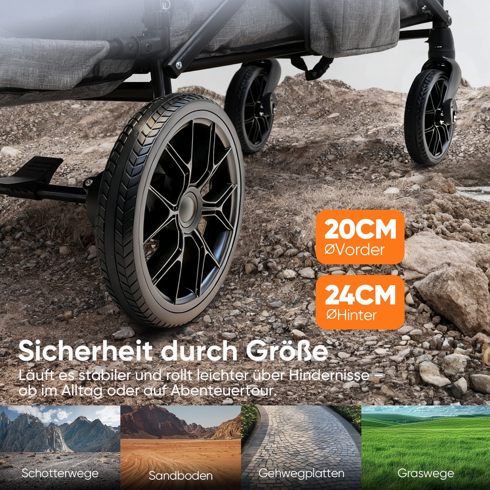 Sekey Bollerwagen Faltbar mit Dach für 1–2 Kinder, XXL PU-Räder mit Federung & Kugellager, Gepolstert & Komfortabel, Schiebe- und Ziehgriff, SS8080