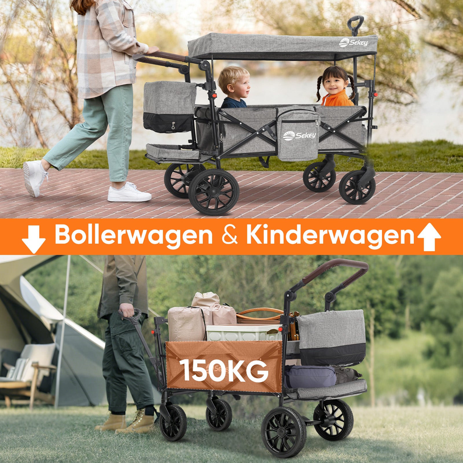 Sekey Bollerwagen Faltbar mit Dach für 1–2 Kinder, XXL PU-Räder mit Federung & Kugellager, Gepolstert & Komfortabel, Schiebe- und Ziehgriff, SS8080