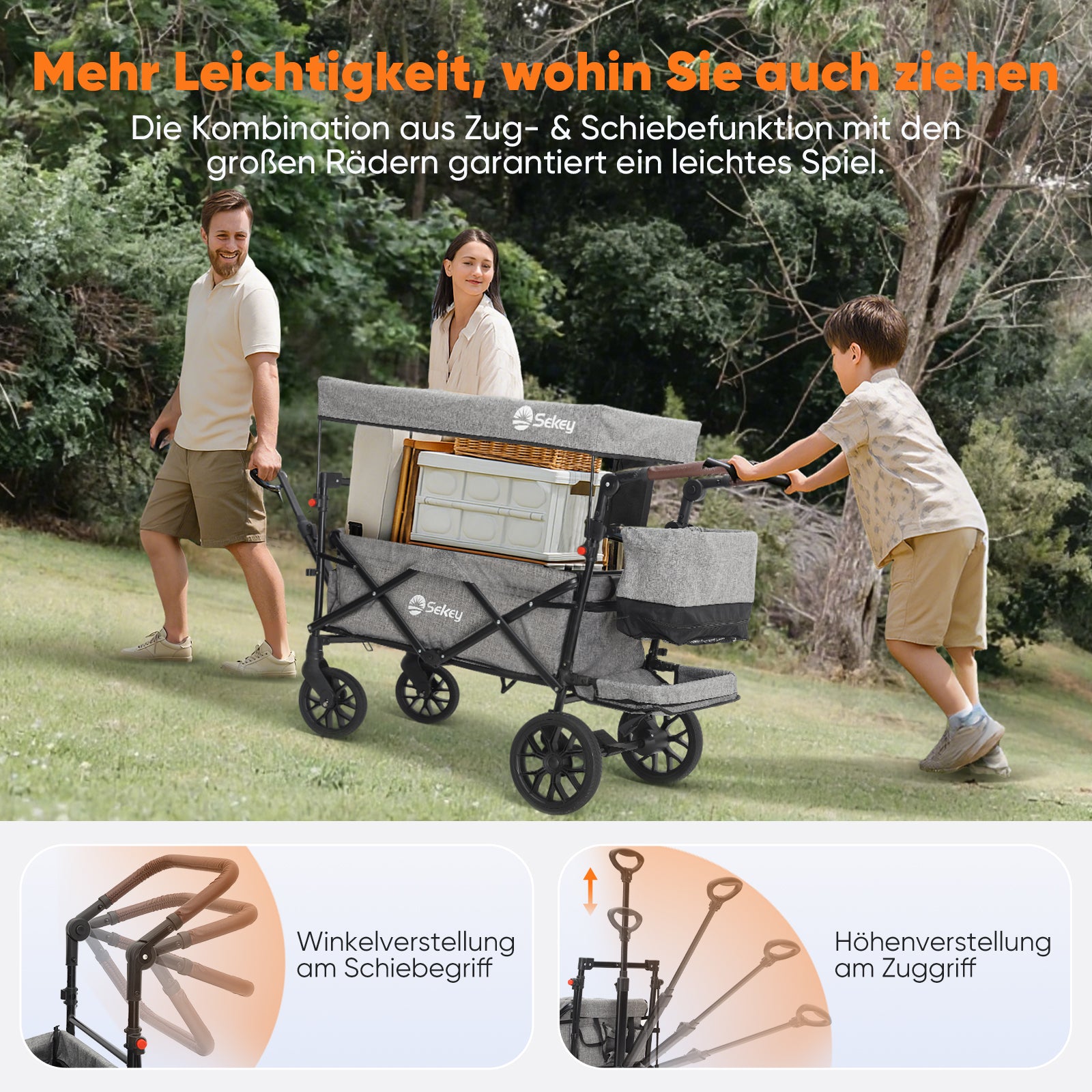 Sekey Bollerwagen Faltbar mit Dach für 1–2 Kinder, XXL PU-Räder mit Federung & Kugellager, Gepolstert & Komfortabel, Schiebe- und Ziehgriff, SS8080