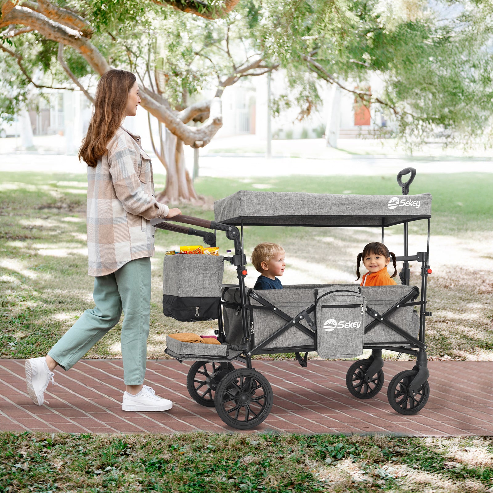 Sekey Bollerwagen Faltbar mit Dach für 1–2 Kinder, XXL PU-Räder mit Federung & Kugellager, Gepolstert & Komfortabel, Schiebe- und Ziehgriff, SS8080