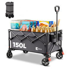 SUNULA Foldable Wagon 120 kg – 150L Handcart with Off-Road Wheels, Brakes &amp; One-Hand Handle